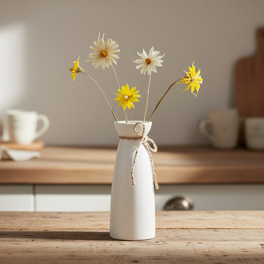 White vase with yellow flowers on a white background