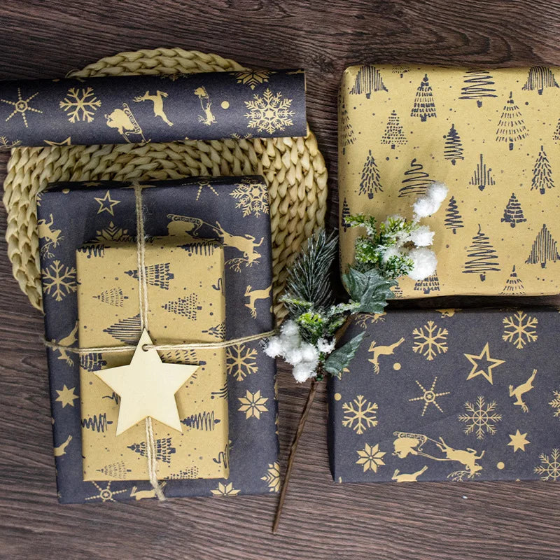 Gift wrap with festive patterns on a wooden surface