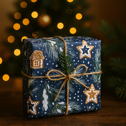 Gift box with festive design and star decorations on a wooden surface with blurred Christmas tree lights in the background.