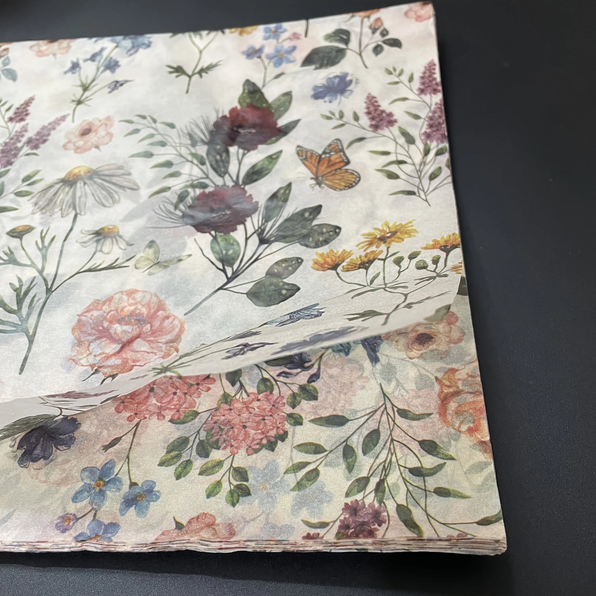 Floral patterned fabric on a dark background