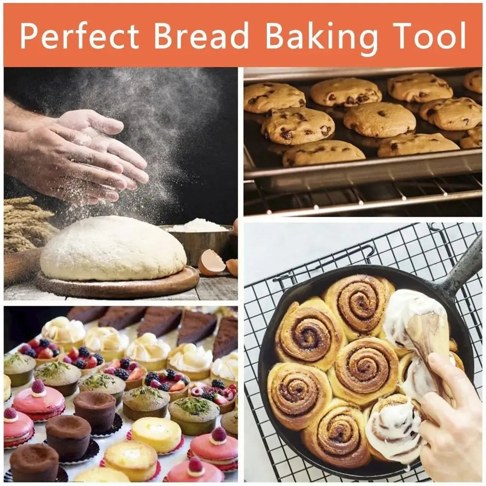Collage of bread-making process with text 'Perfect Bread Baking Tool' on an orange background.