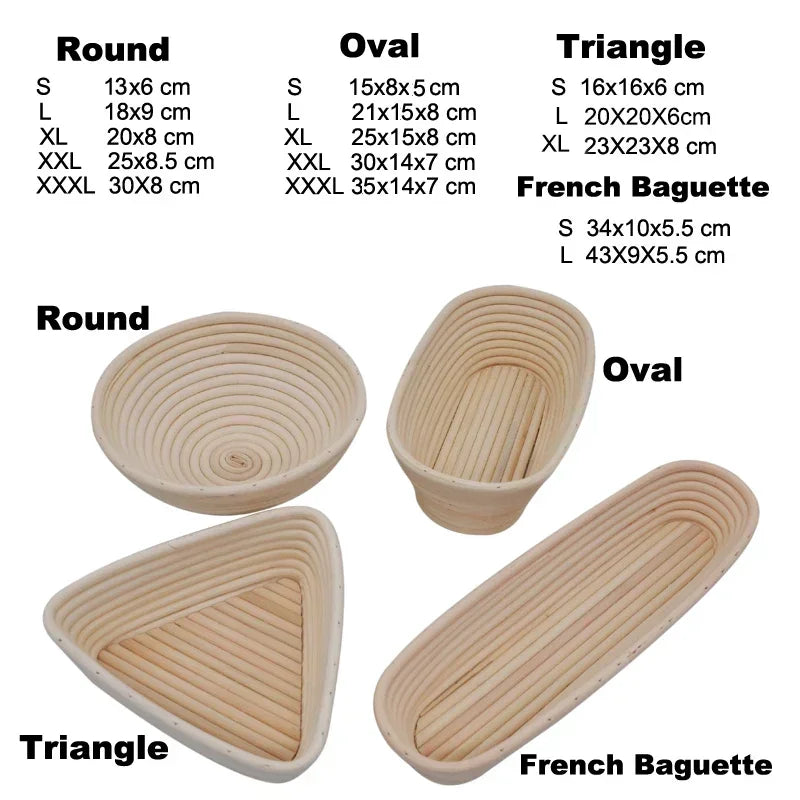 Bread proofing baskets in round, oval, and triangle shapes with dimensions listed.