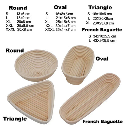 Bread proofing baskets in round, oval, and triangle shapes with dimensions listed.