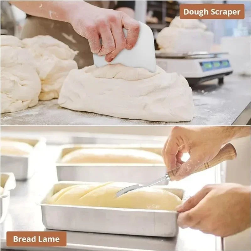 Bread-making process with a dough scraper and bread lame on a kitchen counter.