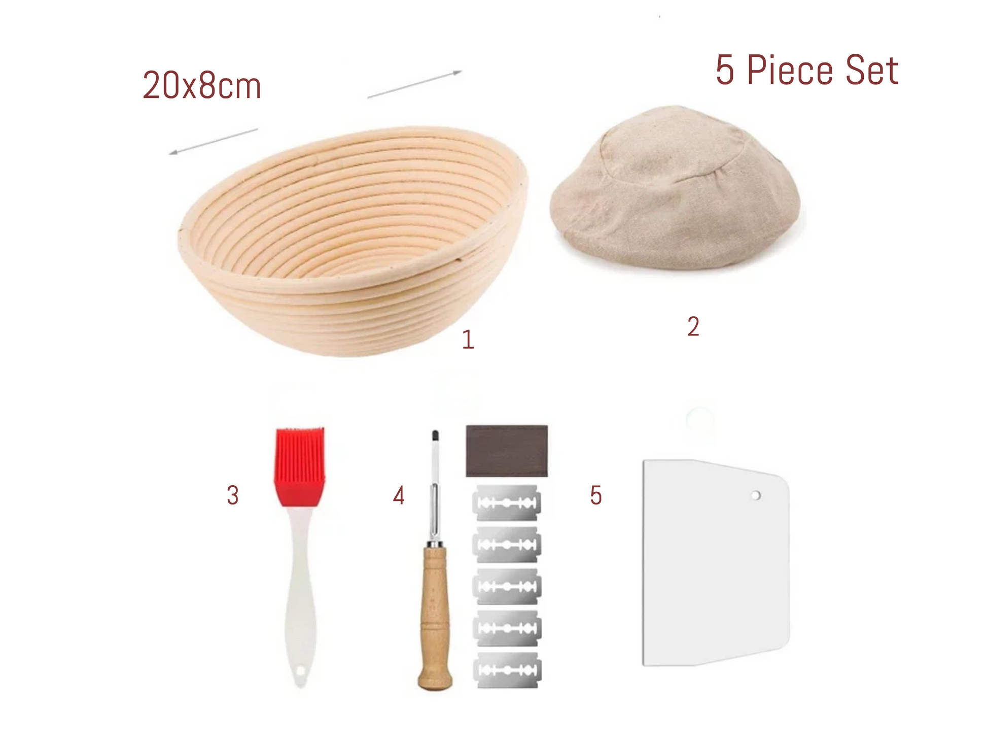 5-piece bread-making set with a basket, flour container, scraper, and other tools on a white background.