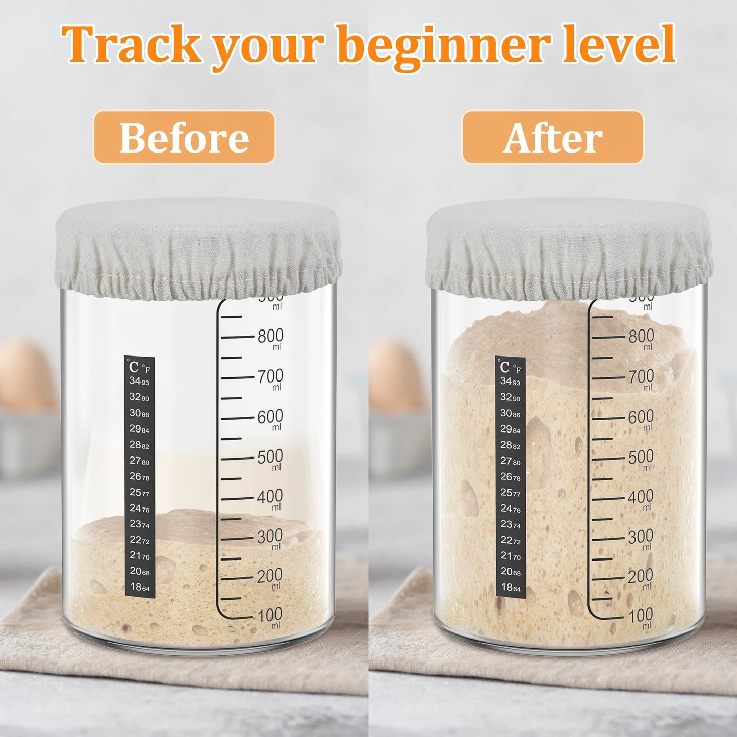 Two images of a glass container with dough, labeled 'Before' and 'After', on a neutral background.