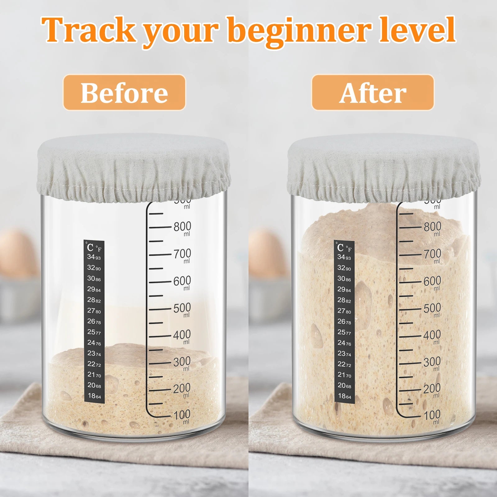Two images of a glass container with dough, labeled 'Before' and 'After', on a neutral background.