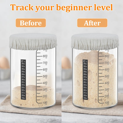 Two images of a glass container with dough, labeled 'Before' and 'After', on a neutral background.