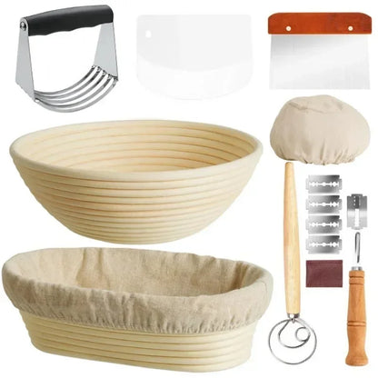 Collection of bread-making tools including a dough scraper, bowl, and other utensils on a white background.