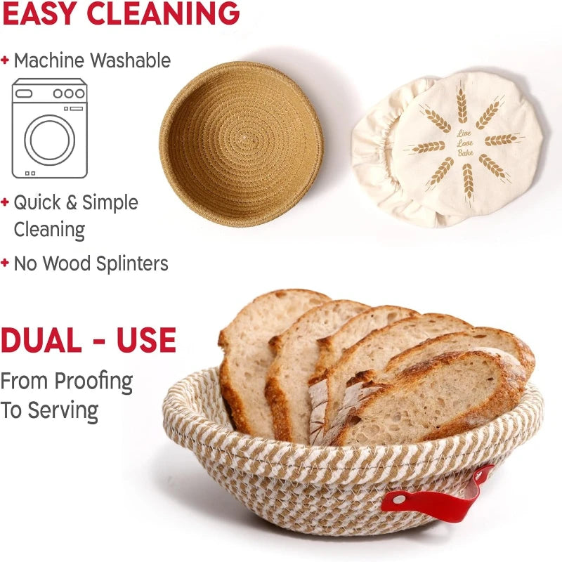 Woven bread basket with sliced bread, featuring text on easy cleaning and dual-use.