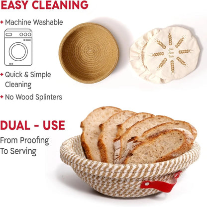 Woven bread basket with sliced bread, featuring text on easy cleaning and dual-use.