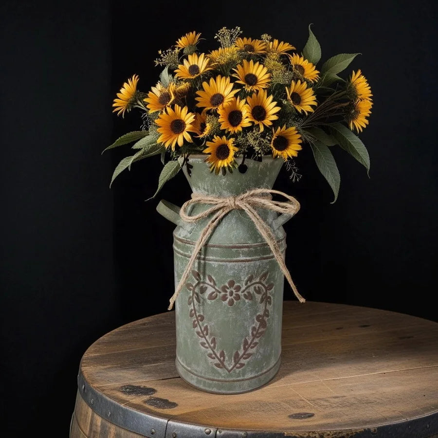 Vintage-style green jar with sunflowers on a wooden surface against a black background