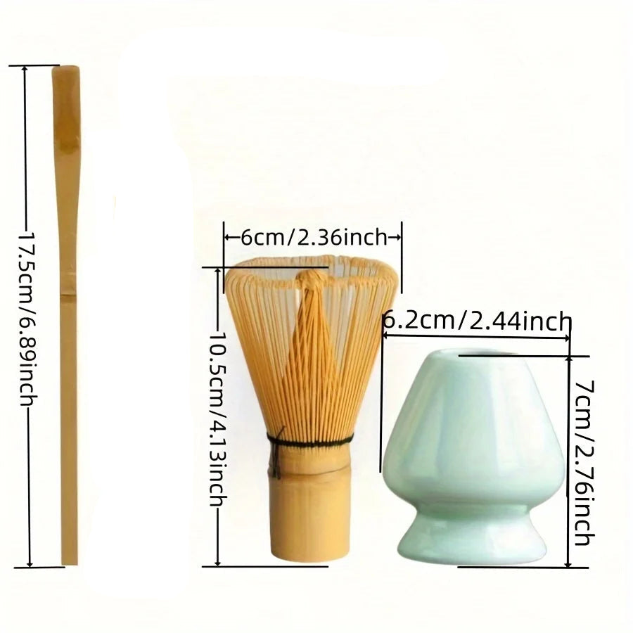 Set of tea-making tools with dimensions labeled on a white background