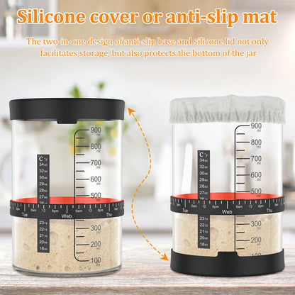 Two containers with silicone covers and anti-slip mats on a wooden surface.