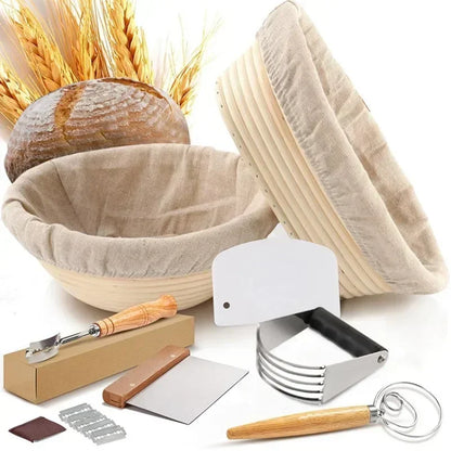 Bread-making tools including a basket, scraper, and other utensils on a white background.