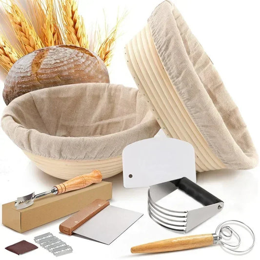 Bread-making tools including a basket, scraper, and other utensils on a white background.