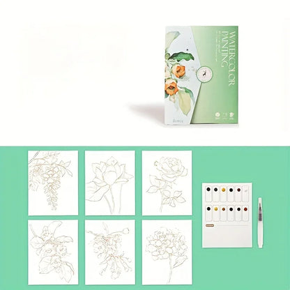Set of watercolor painting cards with floral designs on a green background