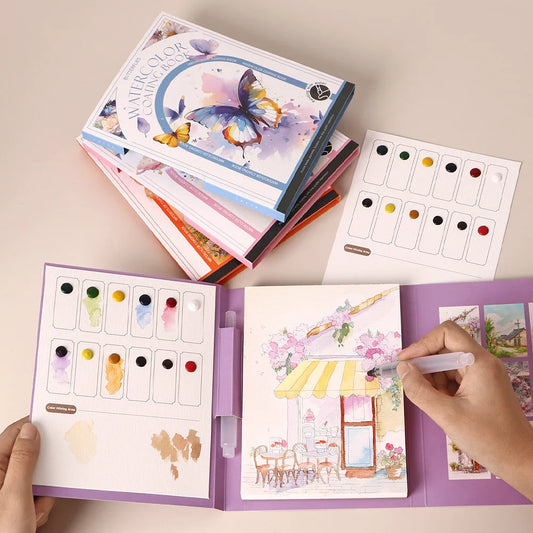 Color swatch book with illustrations of a butterfly and a house, held open by a hand.