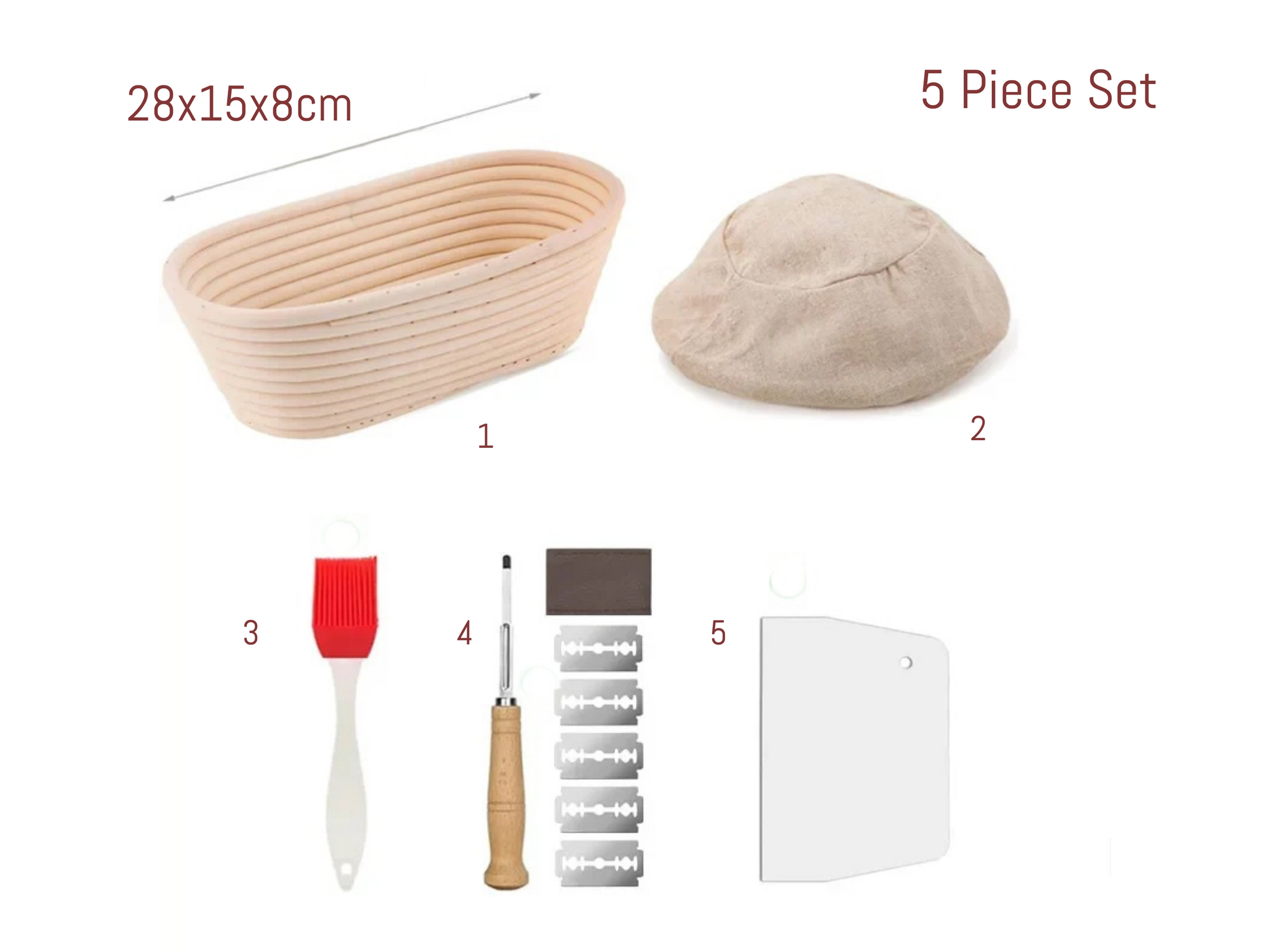 Bread-making tool set with a bread proofing basket, dough scraper, and other tools on a white background.