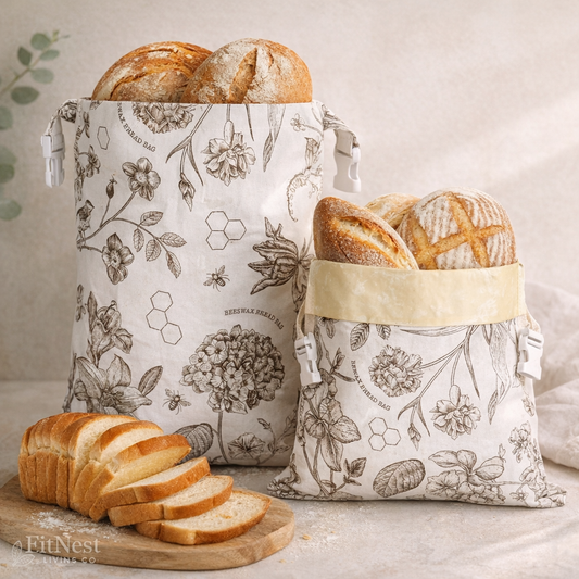 Two fabric bags with floral patterns containing bread, with a wooden cutting board of sliced bread in the foreground.