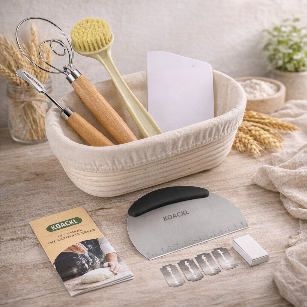 Bowl with kitchen utensils and a KOACKL product on a wooden surface
