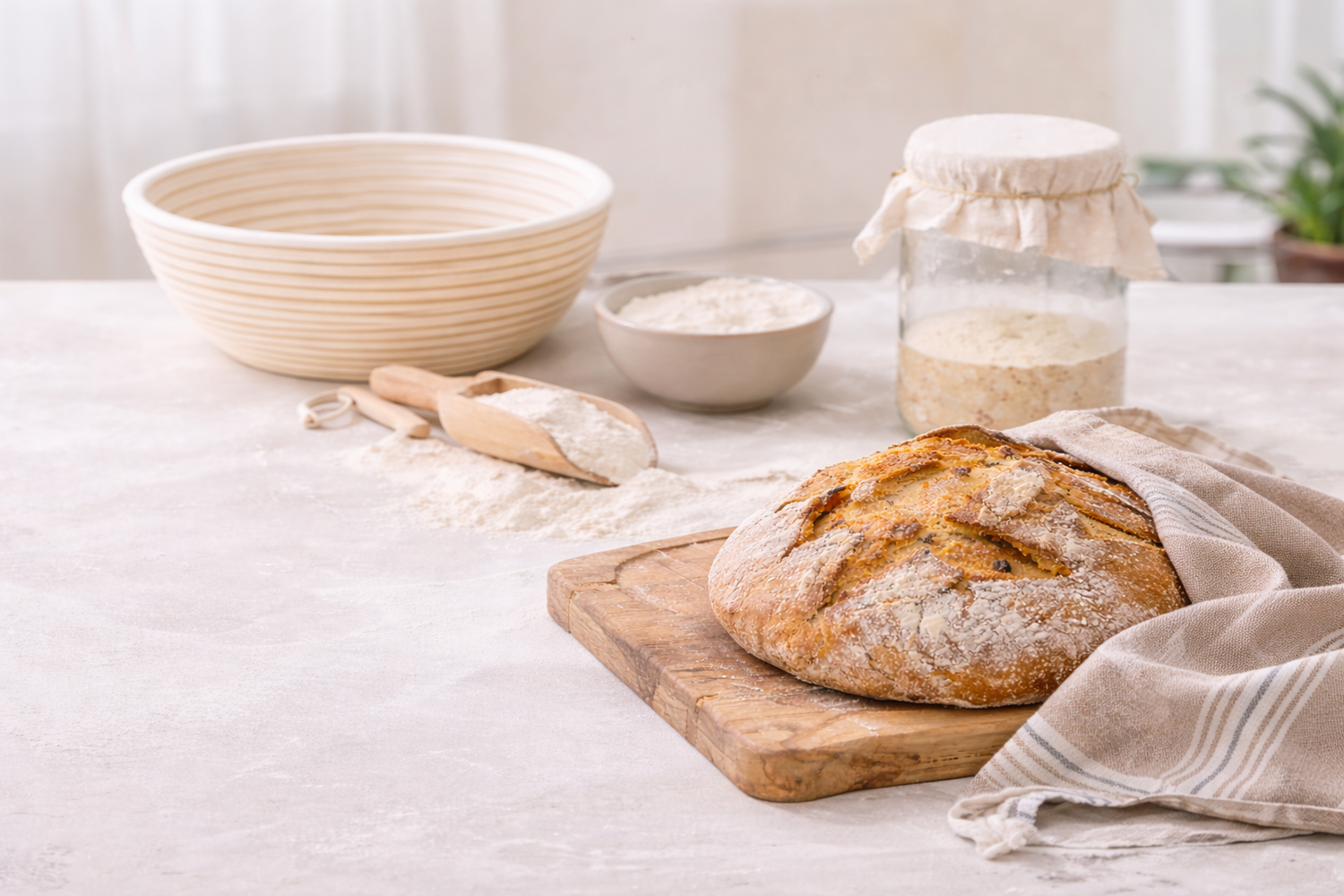 Loaf of bread on a wooden cutting board with a jar of flour, a bowl, and a towel on a light surface.