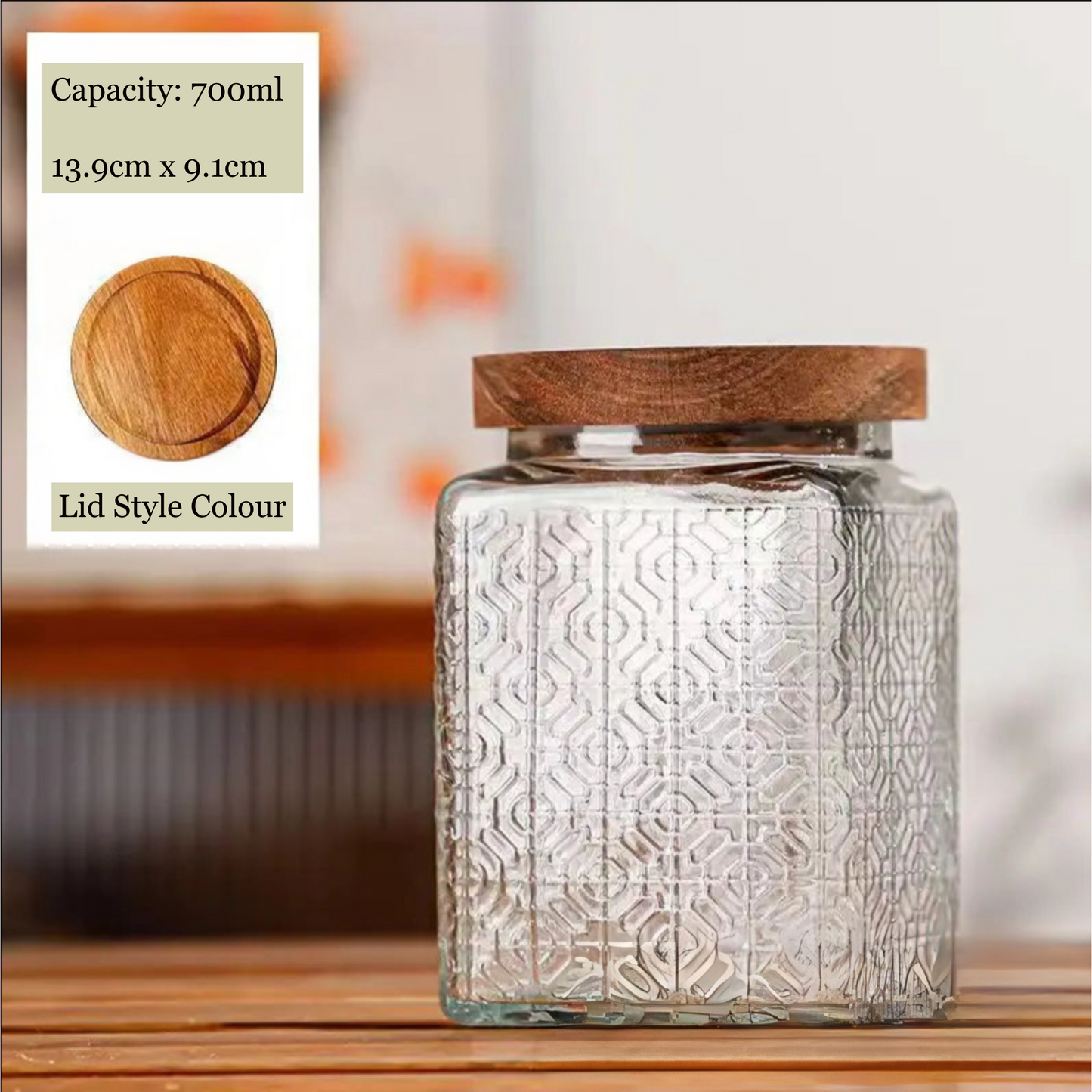 Glass jar with wooden lid on a wooden surface, with product details overlayed.