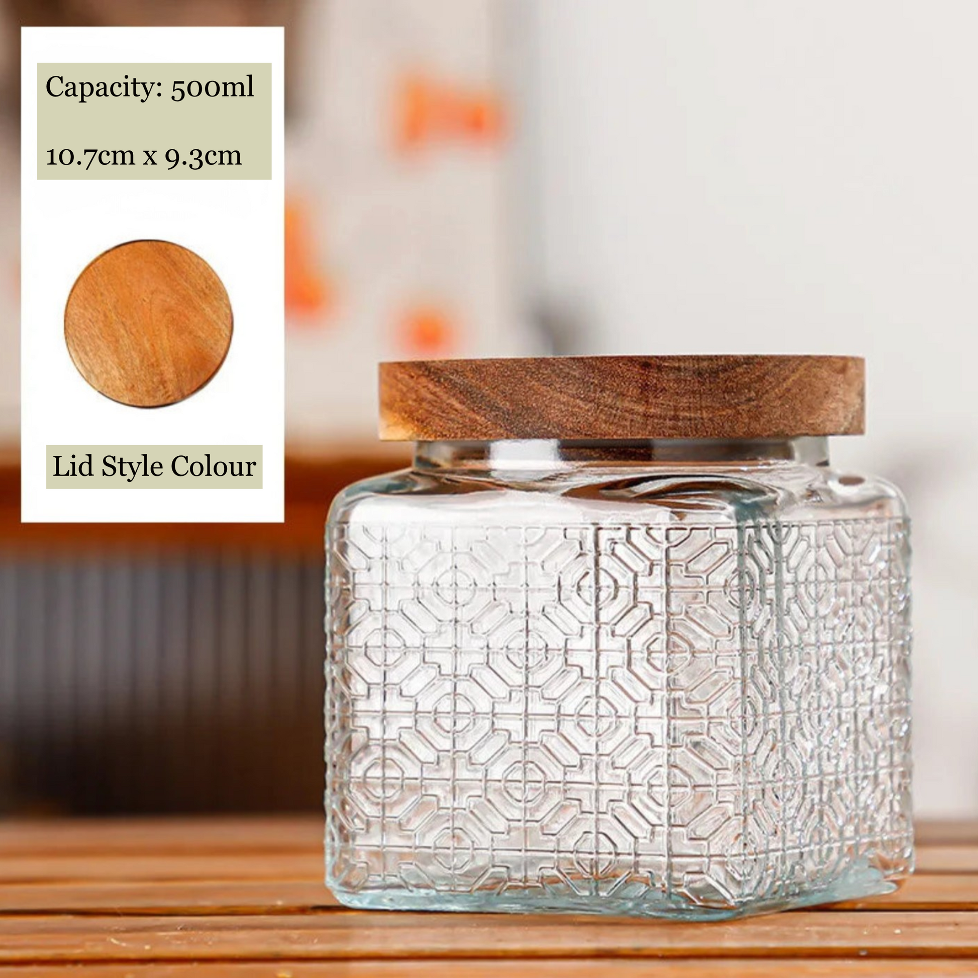 Glass jar with wooden lid on a wooden surface, with product details on the left.