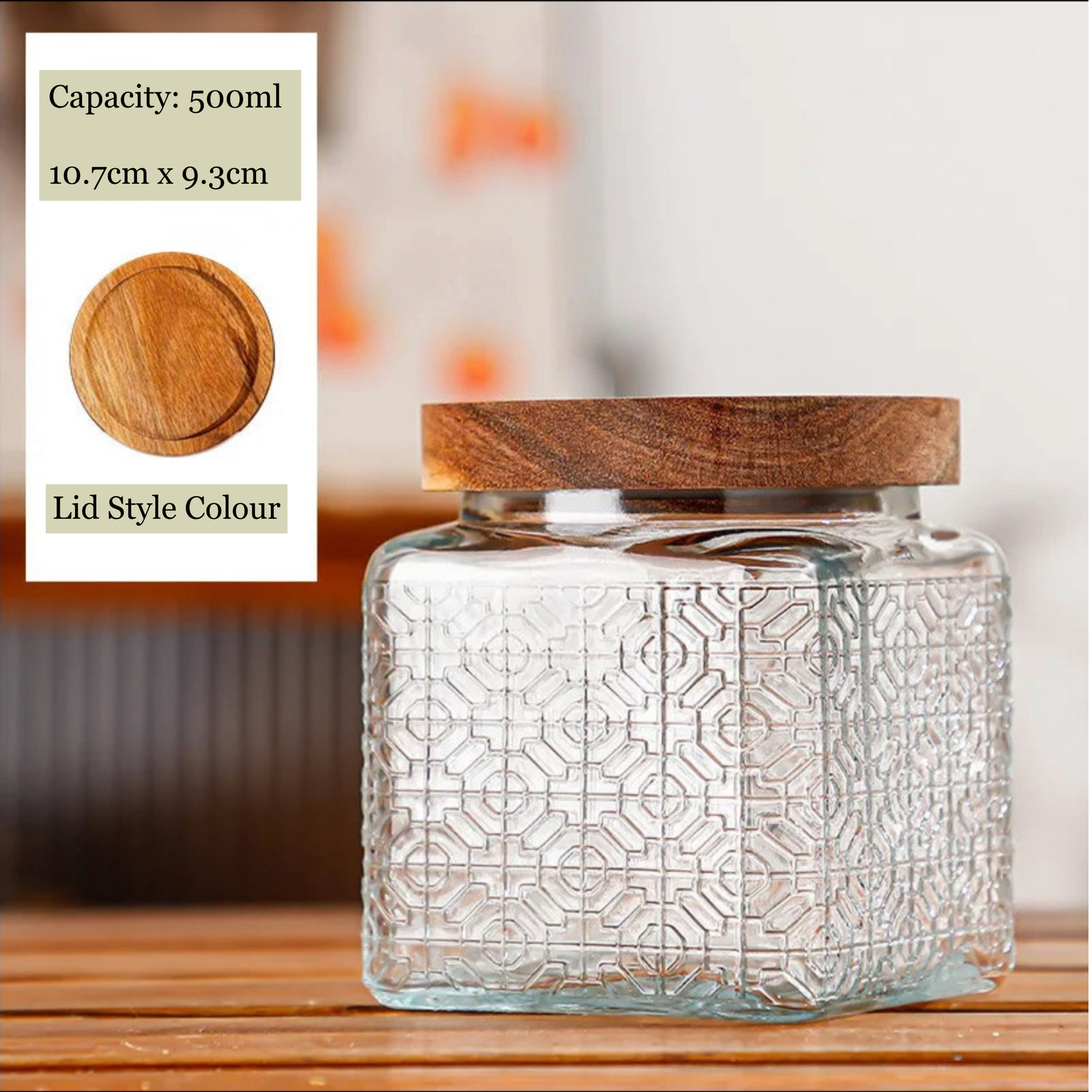Glass jar with wooden lid on a wooden surface, with product details overlayed.