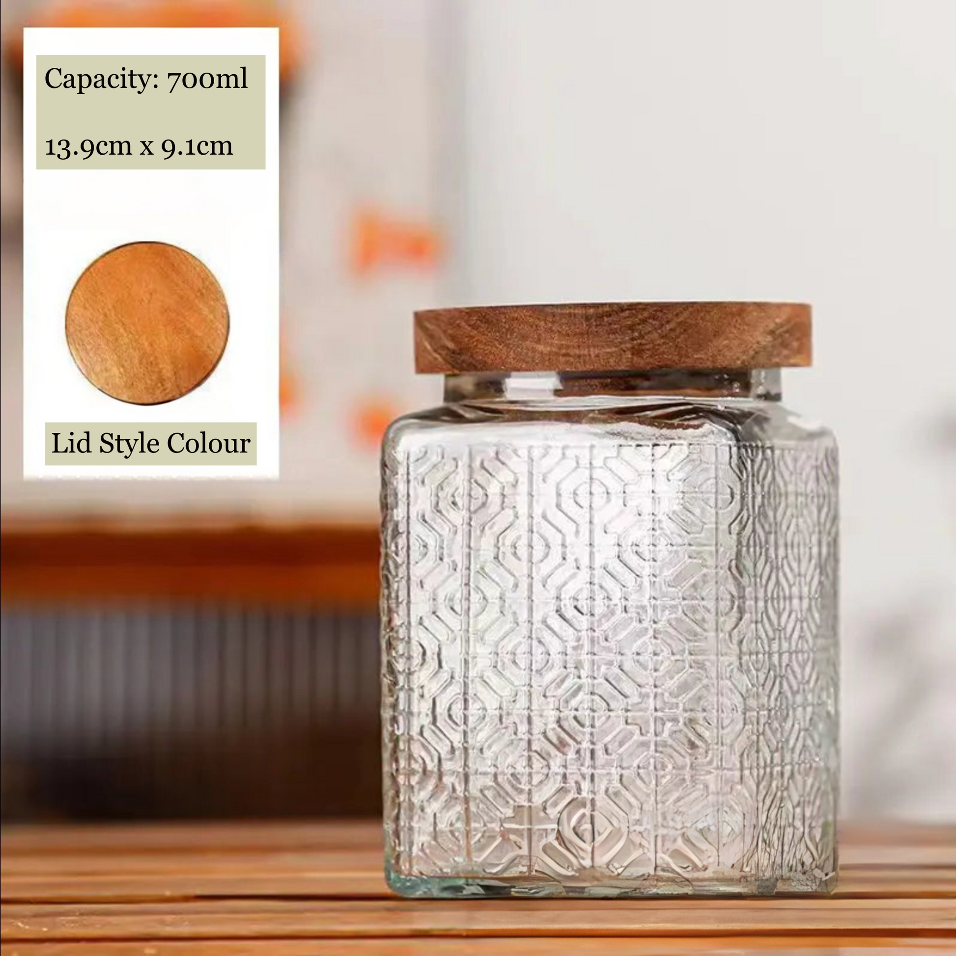 Glass jar with wooden lid on a wooden surface, with product details overlayed.