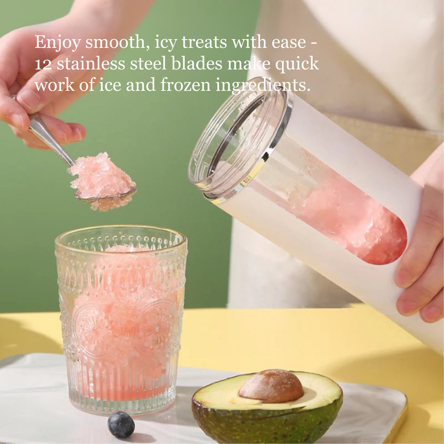 Person using a blender to make smooth, icy treats with text about stainless steel blades.