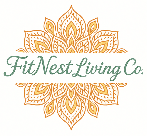 Logo of FitNest Living Co. with decorative elements on a white background