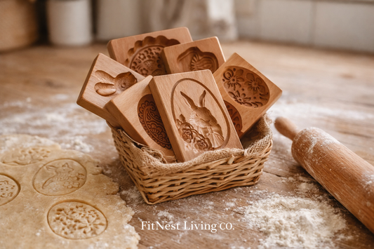 Wooden cookie stamps in a basket on a wooden surface with flour and a rolling pin.