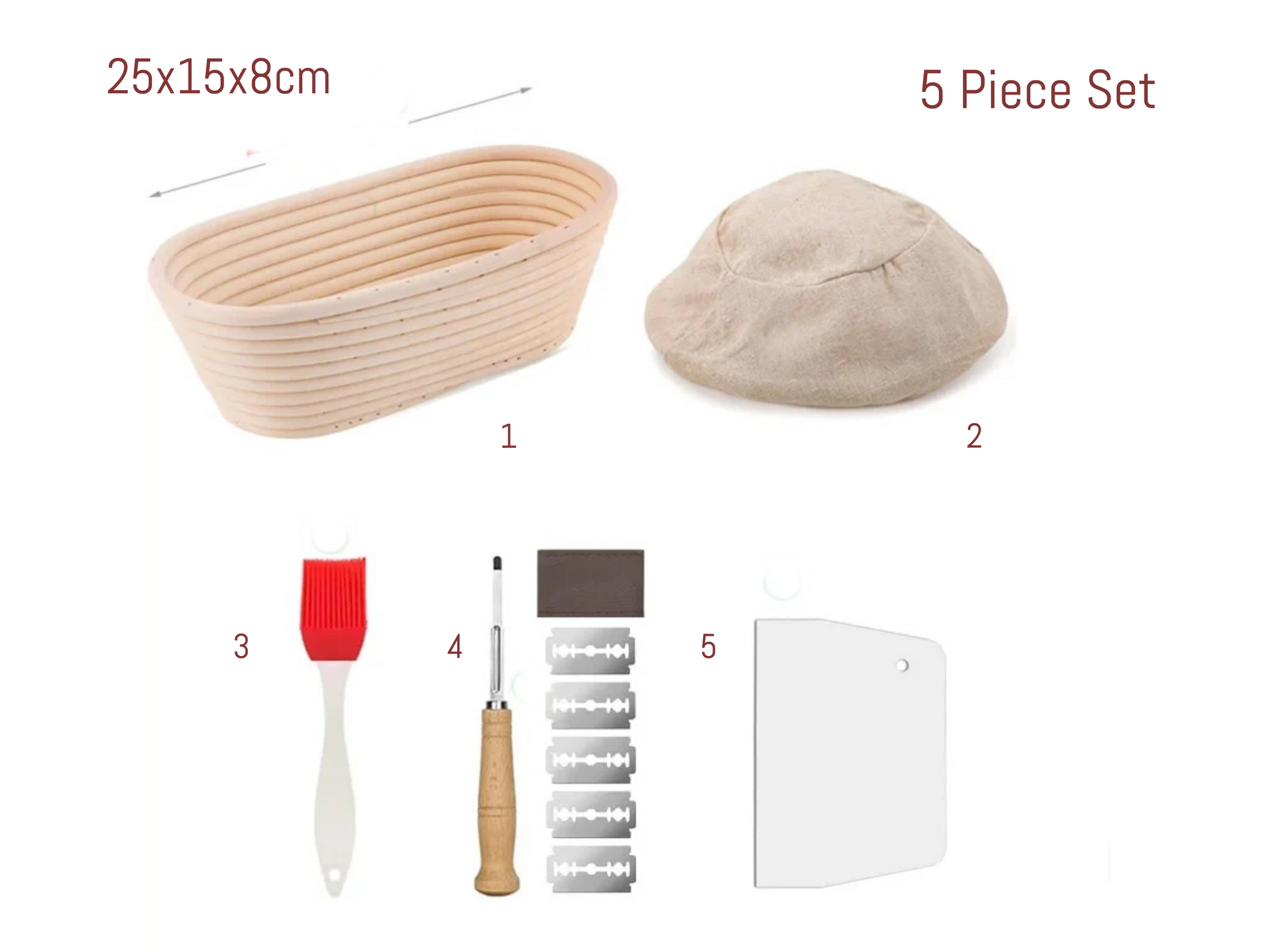 5-piece bread-making kit with a basket, dough scraper, brush, knife, and scoring board on a white background.