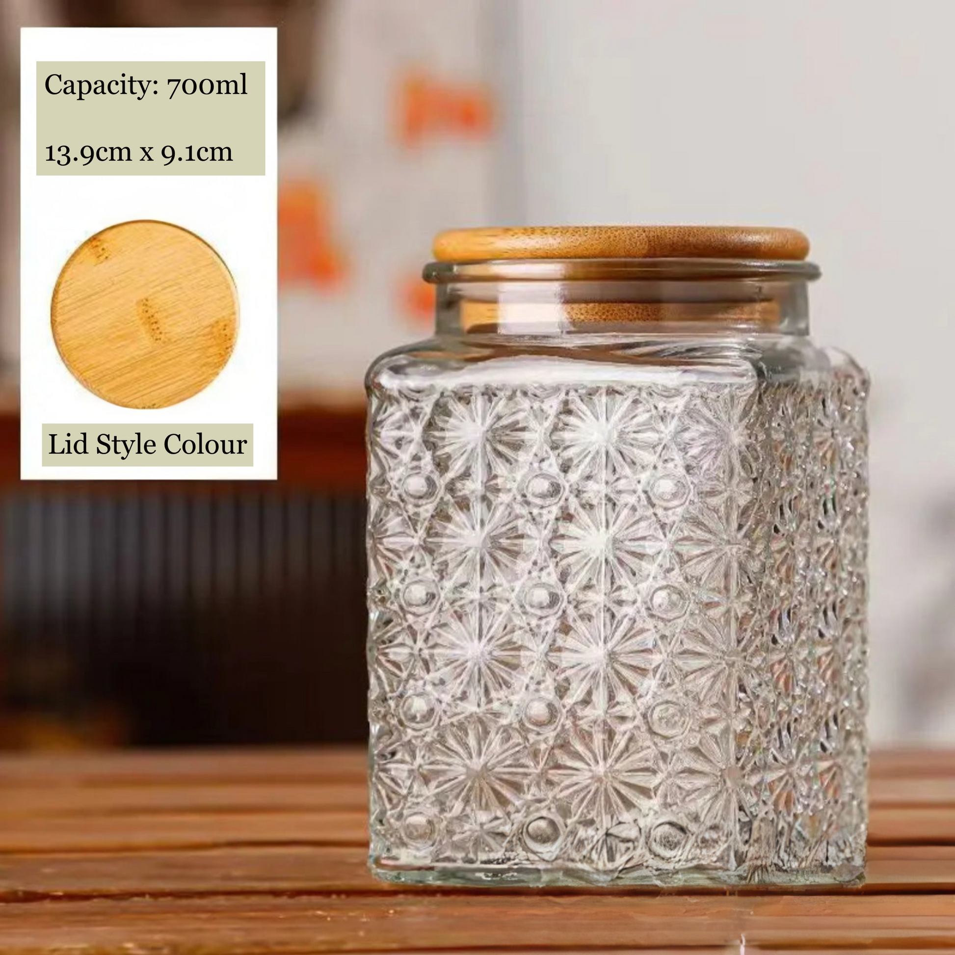 Decorative glass jar with wooden lid on a wooden surface, with product details overlayed.