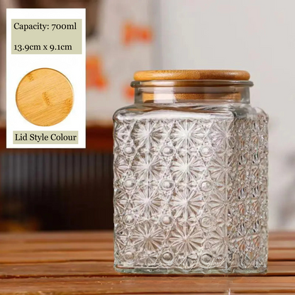 Decorative glass jar with wooden lid on a wooden surface, with product details overlayed.