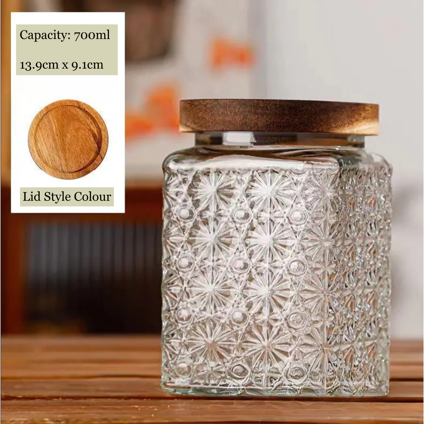 Decorative glass jar with wooden lid on a wooden surface, with product details overlayed.