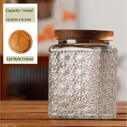 Decorative glass jar with wooden lid on a wooden surface, with product details overlayed.