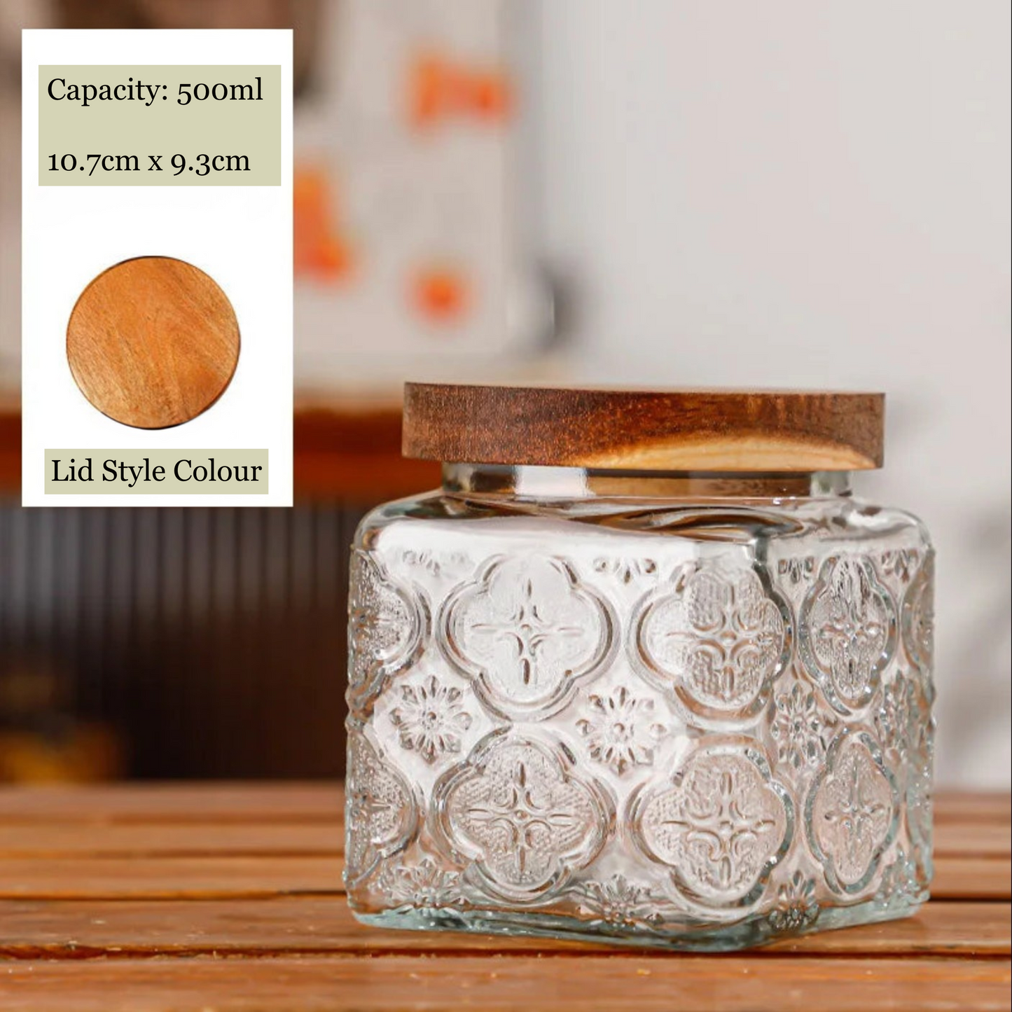 Decorative glass bottle with wooden lid on a wooden surface, with product details overlayed.