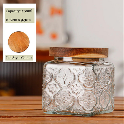Decorative glass bottle with wooden lid on a wooden surface, with product details overlayed.