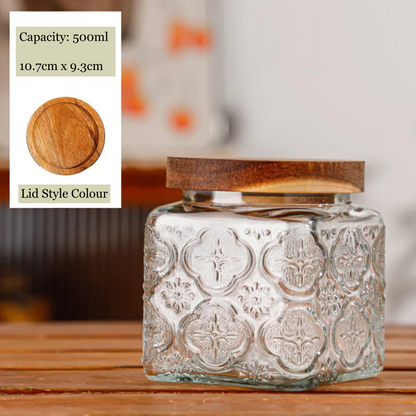 Decorative glass jar with wooden lid on a wooden surface, with product details overlayed.