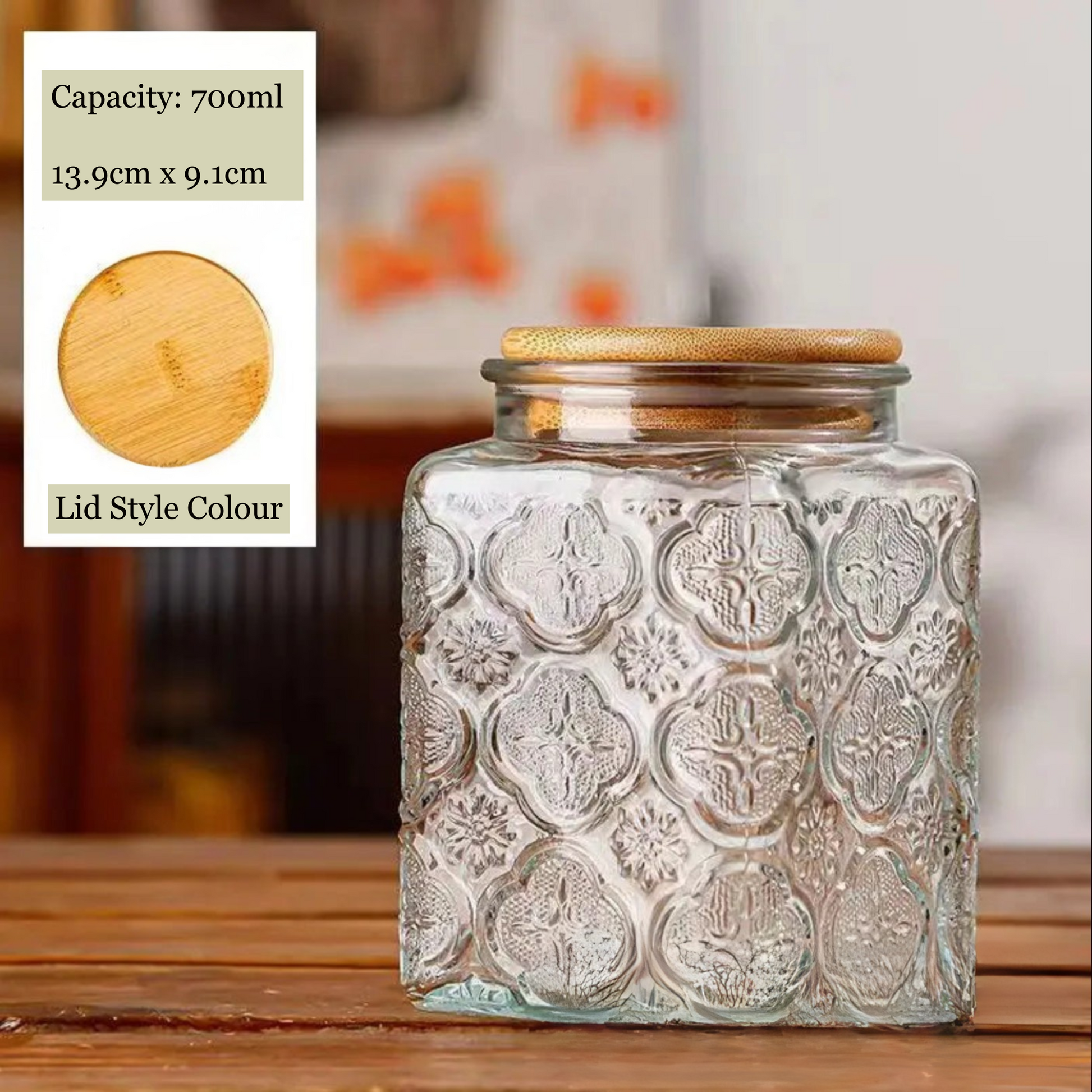 Decorative glass jar with wooden lid on a wooden surface, with capacity and dimensions displayed.