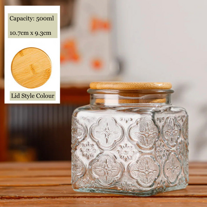 Decorative glass jar with wooden lid on a wooden surface, with product details overlayed.