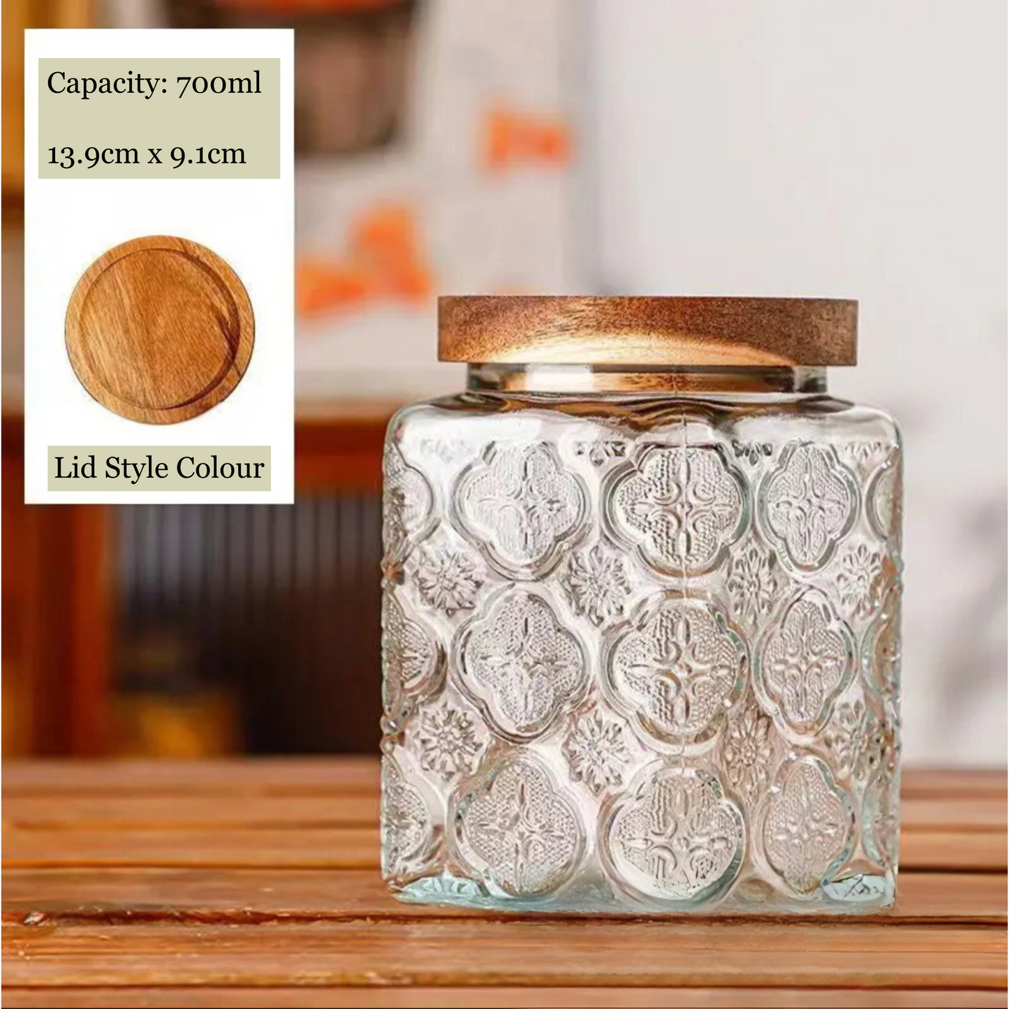 Decorative glass jar with wooden lid on a wooden surface, with capacity and size information displayed.