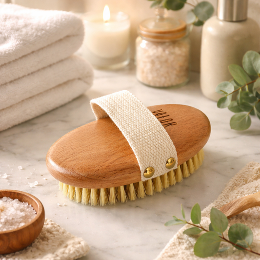 Wooden brush with a natural bristle head on a marble surface with towels and candles in the background.
