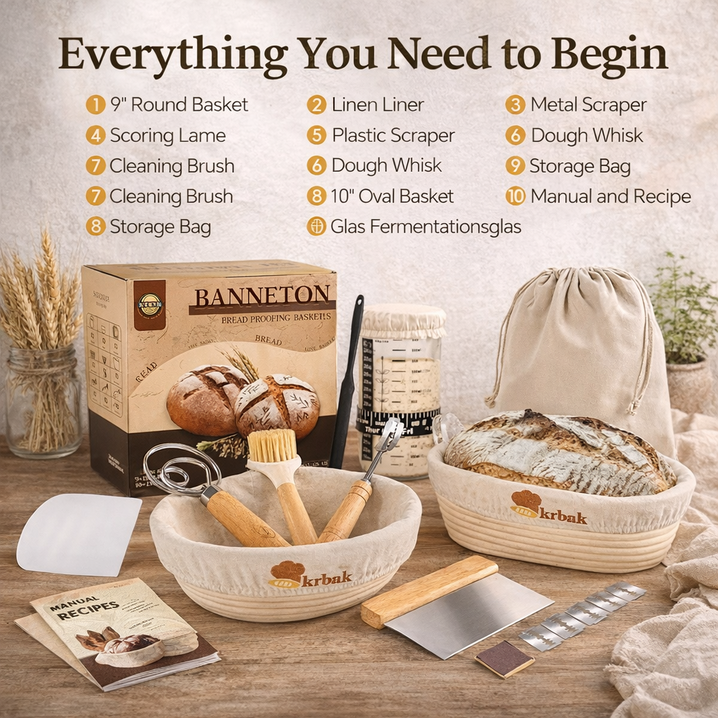 Banneton bread proofing basket set with tools and accessories on a wooden surface.