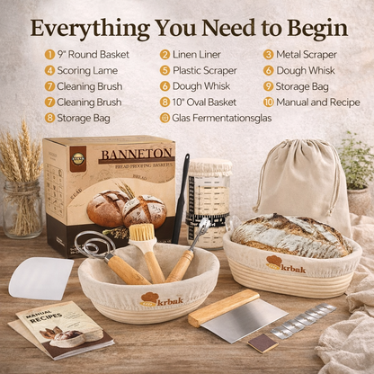 Banneton bread proofing basket set with tools and accessories on a wooden surface.