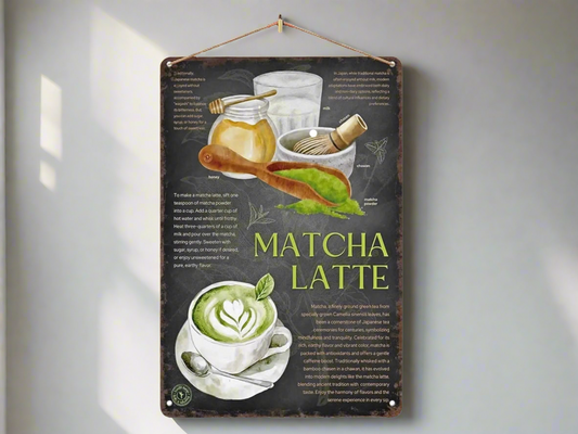 Decorative sign for matcha latte with ingredients and a cup of matcha latte.