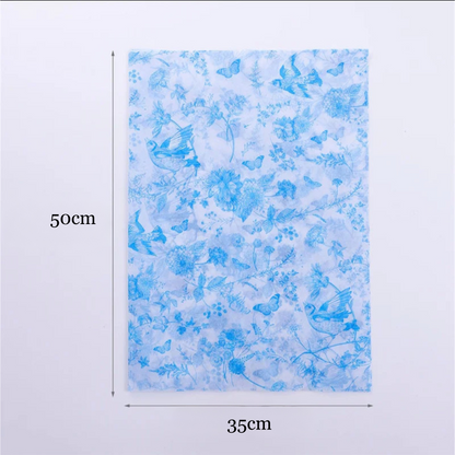 Blue floral patterned paper with dimensions on a white background