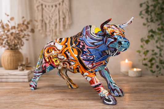 Graffiti-style bull figurine displayed on a wooden surface, styled with soft bohemian décor, greenery, and candlelight in a modern interior setting.